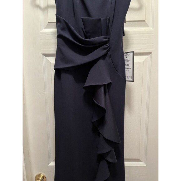 Betsy & Adam Ruffle Cascade Strapless Fit Flare Navy Prom Evening Gown Dress 4 - Picture 3 of 16